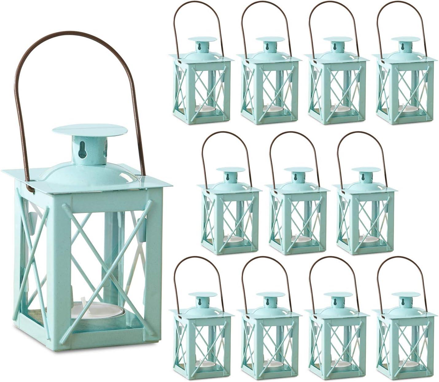 imageKate Aspen Rustic Shelf Decor Luminous Vintage Tea Light Votive Candle Holders Metal Mini Decorative Lantern Distressed WhiteLuminous Blue
