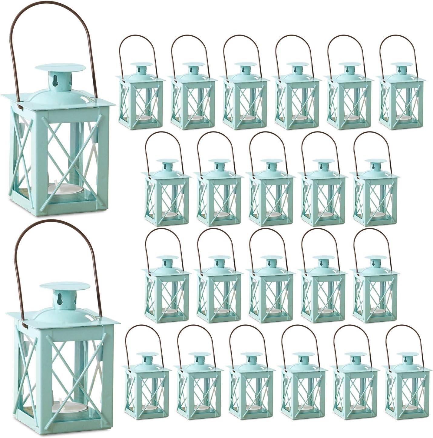 imageKate Aspen Rustic Shelf Decor Luminous Vintage Tea Light Votive Candle Holders Metal Mini Decorative Lantern Distressed WhiteLuminous Blue