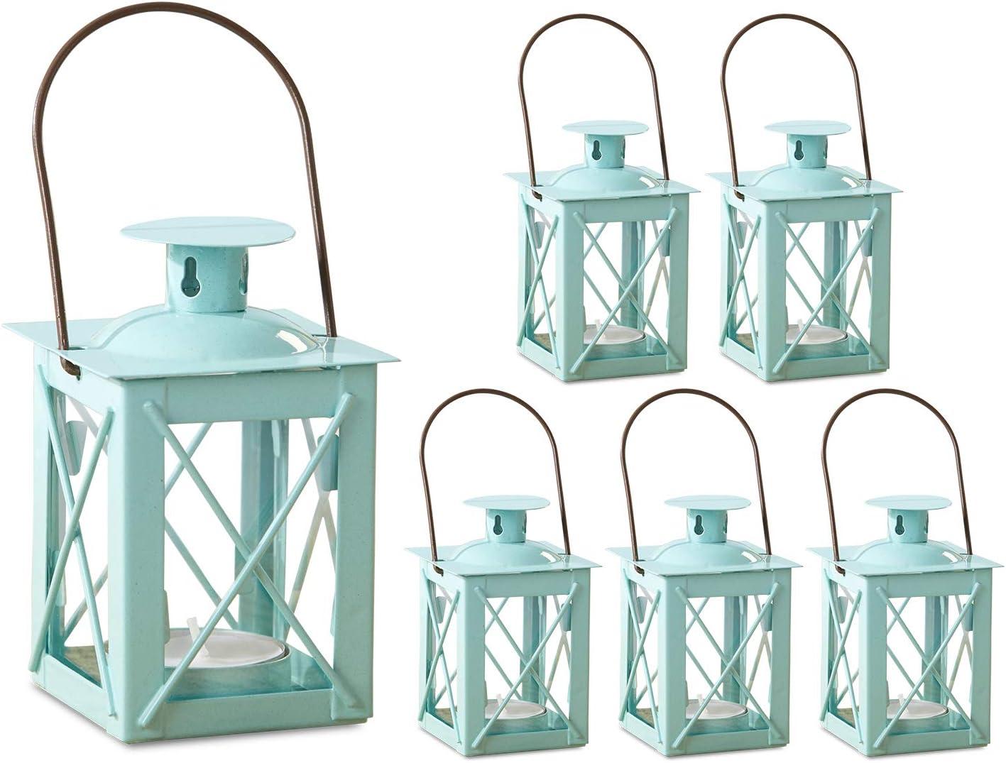 imageKate Aspen Rustic Shelf Decor Luminous Vintage Tea Light Votive Candle Holders Metal Mini Decorative Lantern Distressed WhiteLuminous Blue