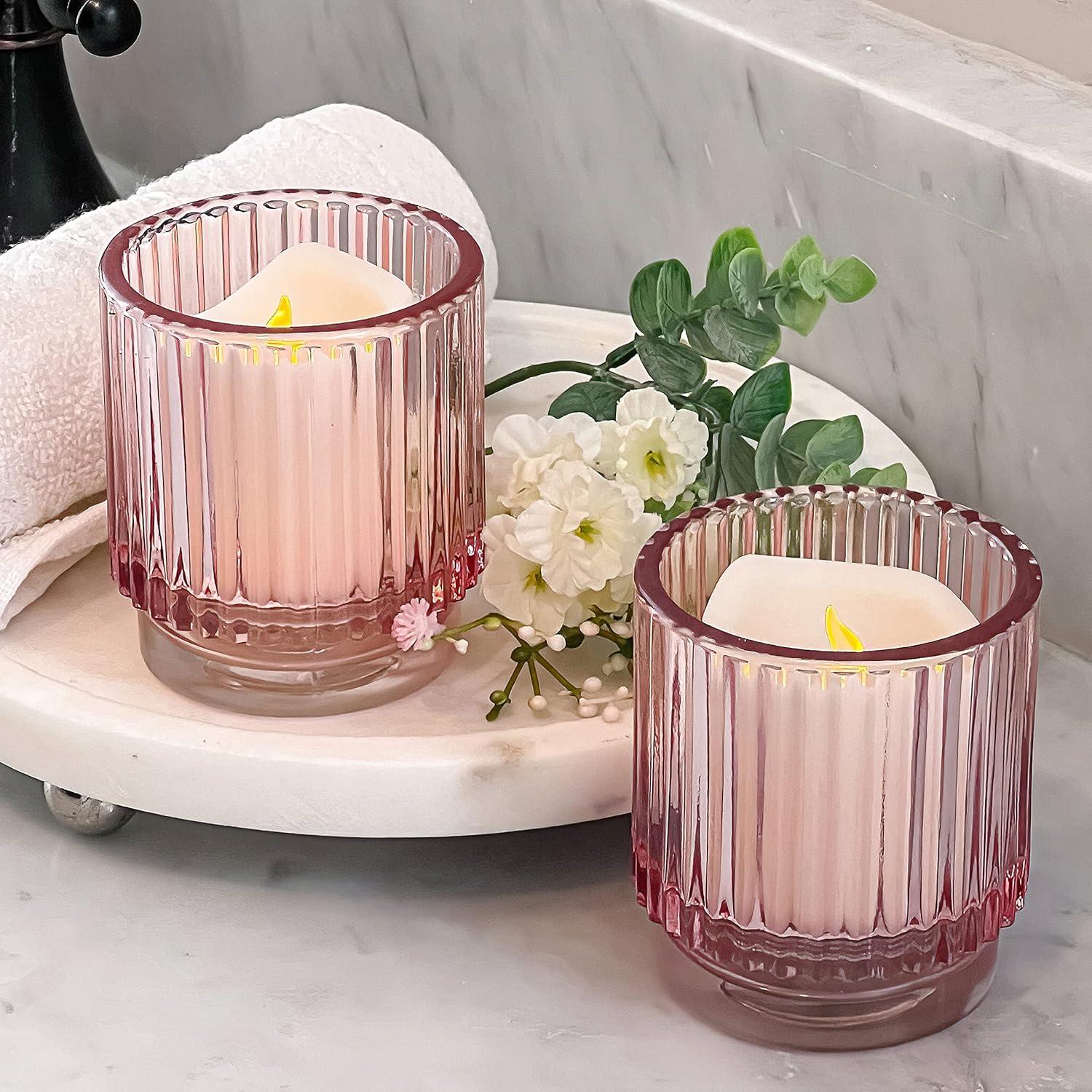 imageKate Aspen Vintage Glass Tealight ampamp Amber Votive Candle Holders Set of 6  Rustic Fluted Candle Holder Set Boho Home Decor Wedding Table Centerpieces Farmhouse Kitchen Table DecorPink