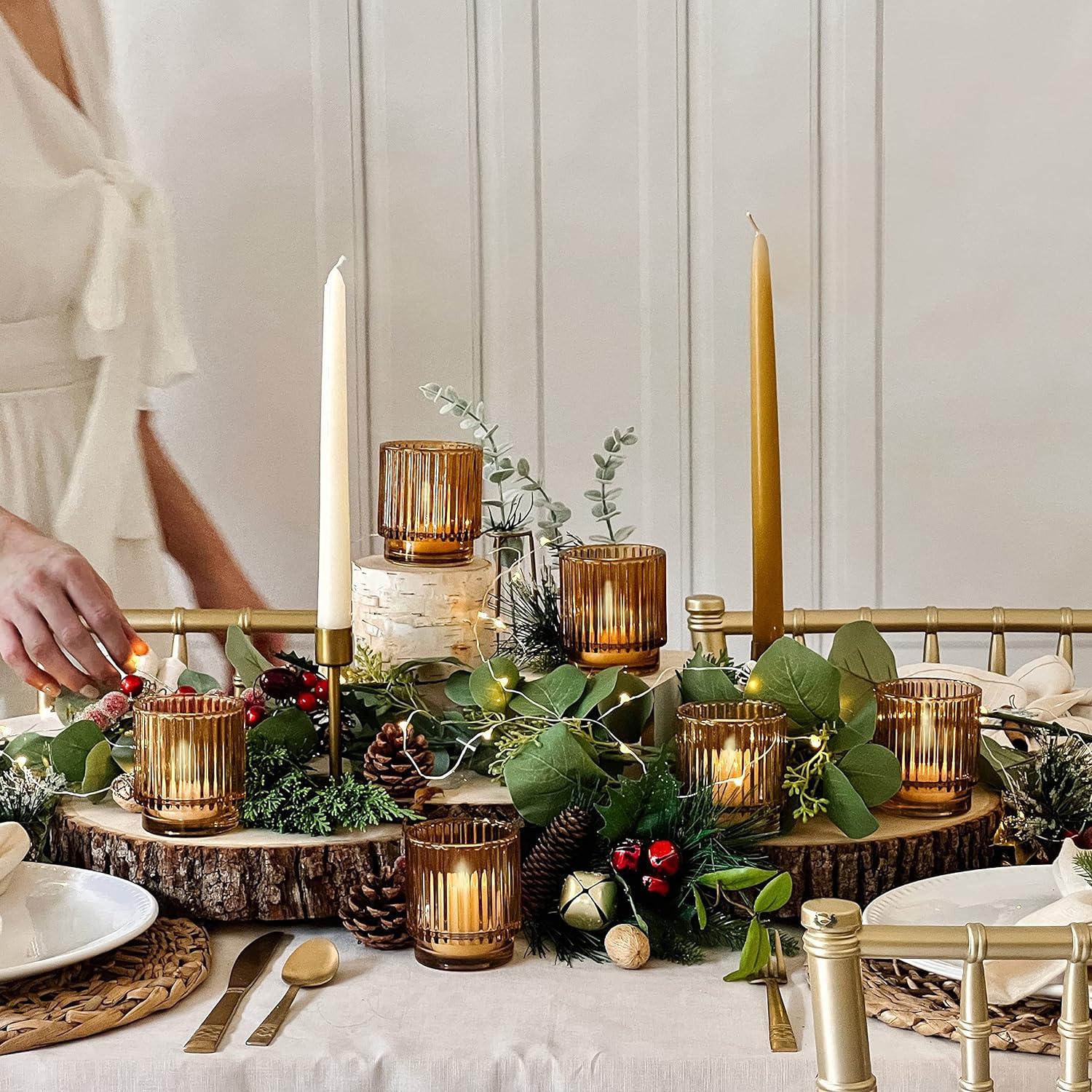 imageKate Aspen Vintage Glass Tealight ampamp Amber Votive Candle Holders Set of 6  Rustic Fluted Candle Holder Set Boho Home Decor Wedding Table Centerpieces Farmhouse Kitchen Table DecorAmber