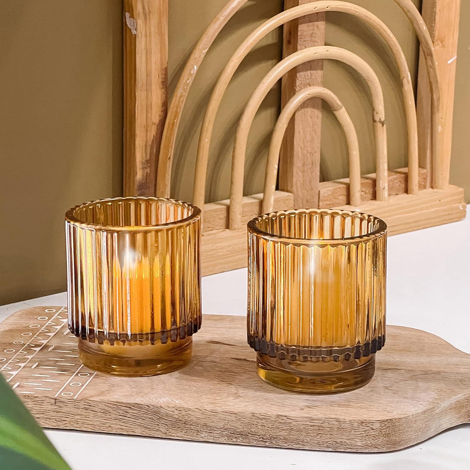 imageKate Aspen Vintage Glass Tealight ampamp Amber Votive Candle Holders Set of 6  Rustic Fluted Candle Holder Set Boho Home Decor Wedding Table Centerpieces Farmhouse Kitchen Table DecorAmber