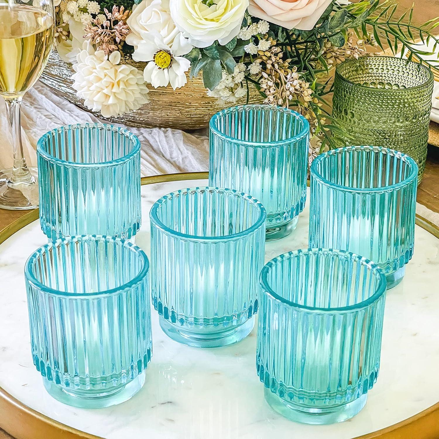 imageKate Aspen Vintage Glass Tealight ampamp Amber Votive Candle Holders Set of 6  Rustic Fluted Candle Holder Set Boho Home Decor Wedding Table Centerpieces Farmhouse Kitchen Table DecorBlue