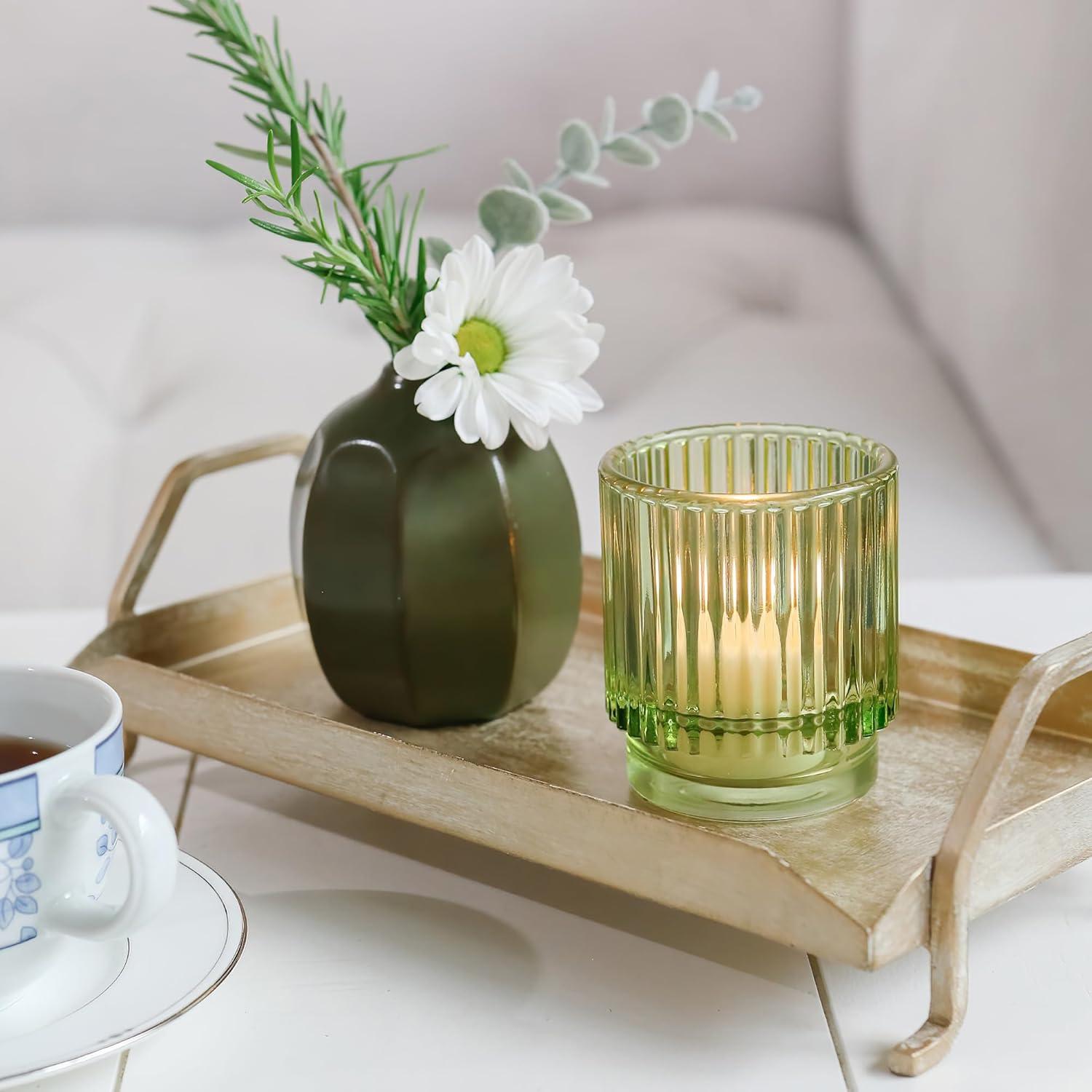 imageKate Aspen Vintage Glass Tealight ampamp Amber Votive Candle Holders Set of 6  Rustic Fluted Candle Holder Set Boho Home Decor Wedding Table Centerpieces Farmhouse Kitchen Table DecorGreen