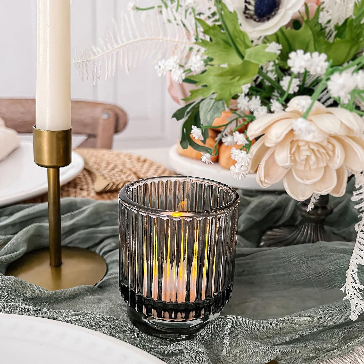imageKate Aspen Vintage Glass Tealight ampamp Amber Votive Candle Holders Set of 6  Rustic Fluted Candle Holder Set Boho Home Decor Wedding Table Centerpieces Farmhouse Kitchen Table DecorSmoke Gray