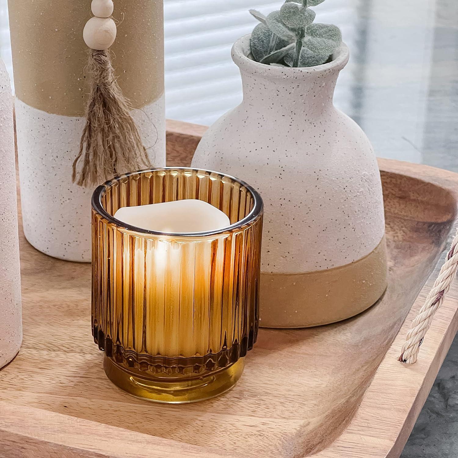 imageKate Aspen Vintage Glass Tealight ampamp Amber Votive Candle Holders Set of 6  Rustic Fluted Candle Holder Set Boho Home Decor Wedding Table Centerpieces Farmhouse Kitchen Table DecorAmber
