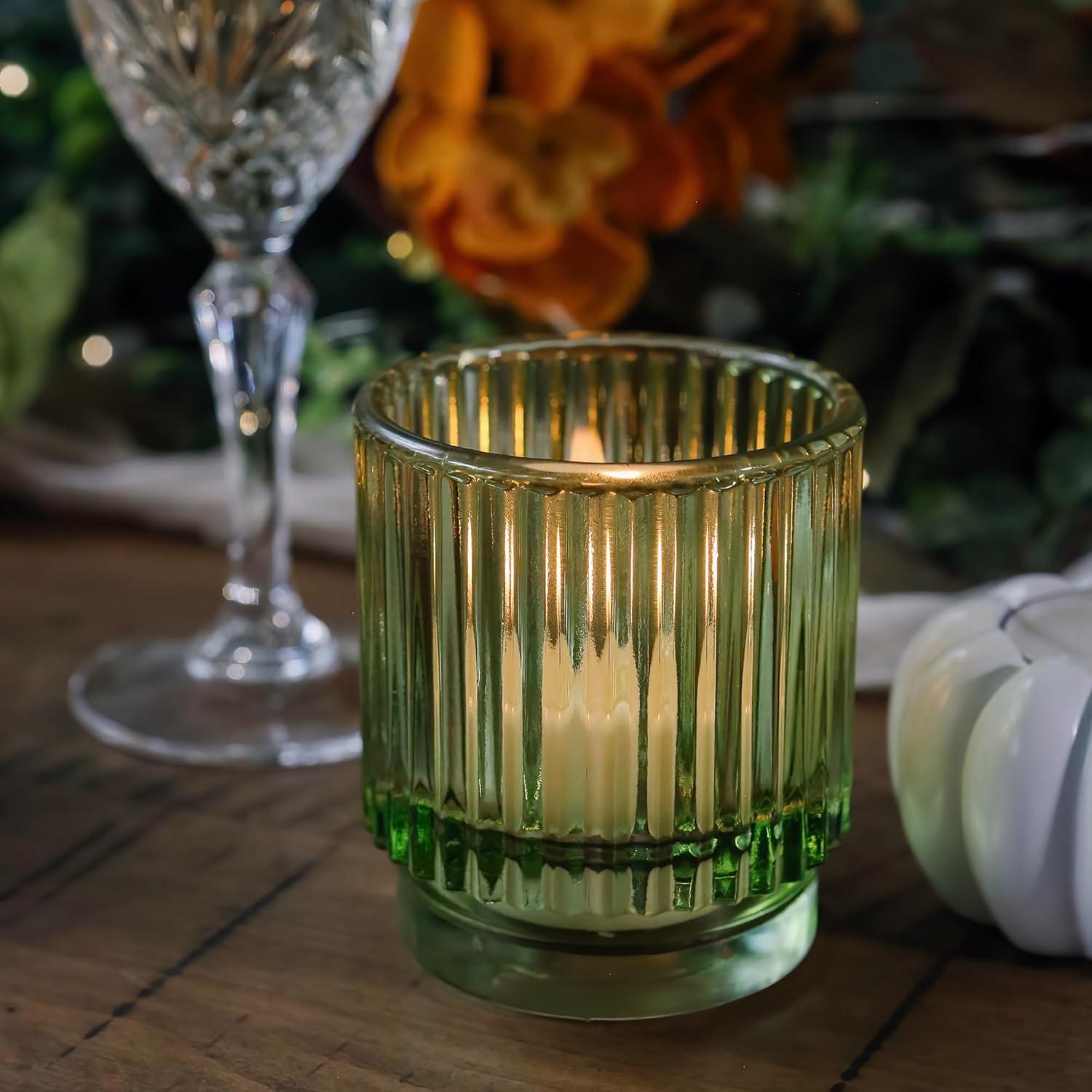 imageKate Aspen Vintage Glass Tealight ampamp Amber Votive Candle Holders Set of 6  Rustic Fluted Candle Holder Set Boho Home Decor Wedding Table Centerpieces Farmhouse Kitchen Table DecorGreen