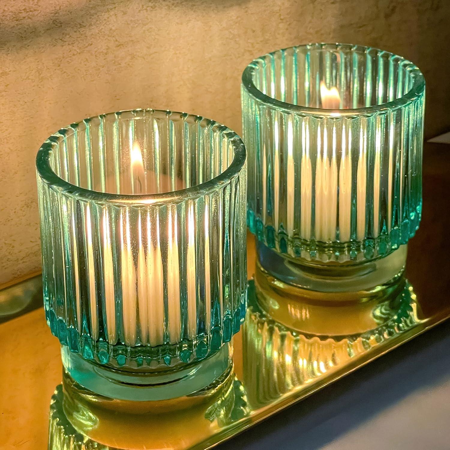imageKate Aspen Vintage Glass Tealight ampamp Amber Votive Candle Holders Set of 6  Rustic Fluted Candle Holder Set Boho Home Decor Wedding Table Centerpieces Farmhouse Kitchen Table DecorBlue