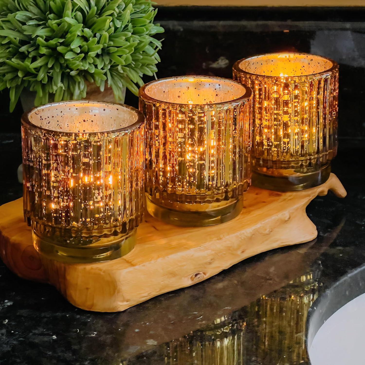 imageKate Aspen Vintage Glass Tealight ampamp Amber Votive Candle Holders Set of 6  Rustic Fluted Candle Holder Set Boho Home Decor Wedding Table Centerpieces Farmhouse Kitchen Table DecorGold