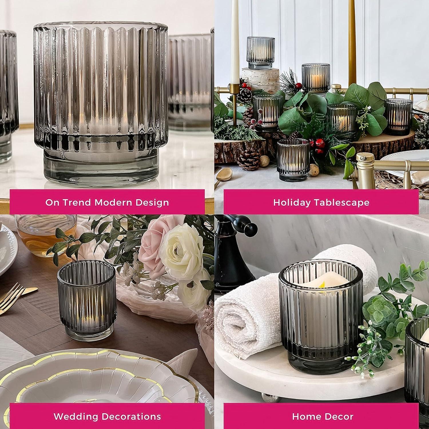 imageKate Aspen Vintage Glass Tealight ampamp Amber Votive Candle Holders Set of 6  Rustic Fluted Candle Holder Set Boho Home Decor Wedding Table Centerpieces Farmhouse Kitchen Table DecorSmoke Gray