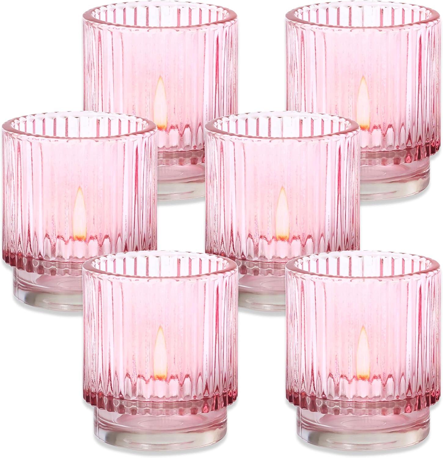 imageKate Aspen Vintage Glass Tealight ampamp Amber Votive Candle Holders Set of 6  Rustic Fluted Candle Holder Set Boho Home Decor Wedding Table Centerpieces Farmhouse Kitchen Table DecorPink