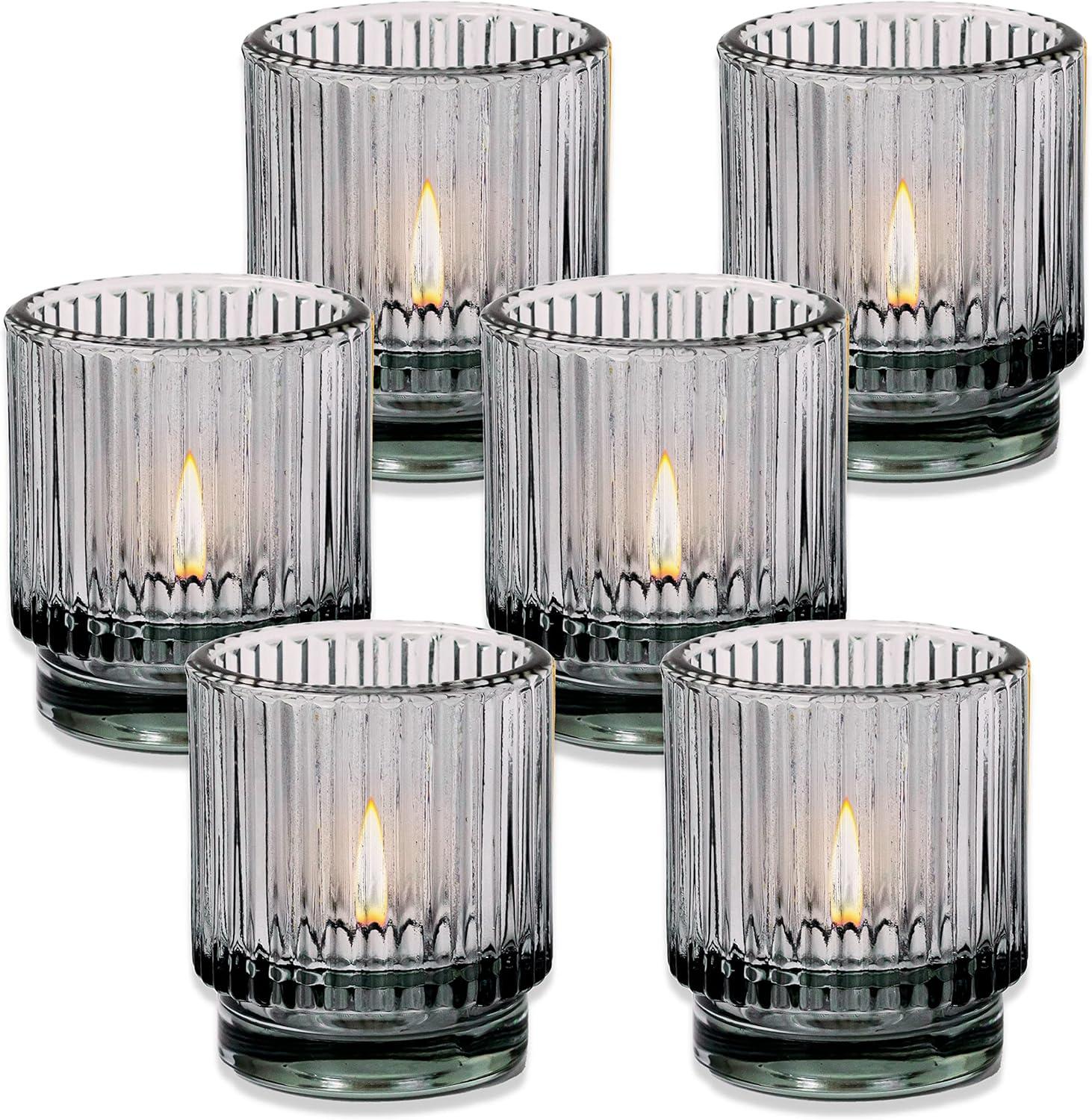 imageKate Aspen Vintage Glass Tealight ampamp Amber Votive Candle Holders Set of 6  Rustic Fluted Candle Holder Set Boho Home Decor Wedding Table Centerpieces Farmhouse Kitchen Table DecorSmoke Gray