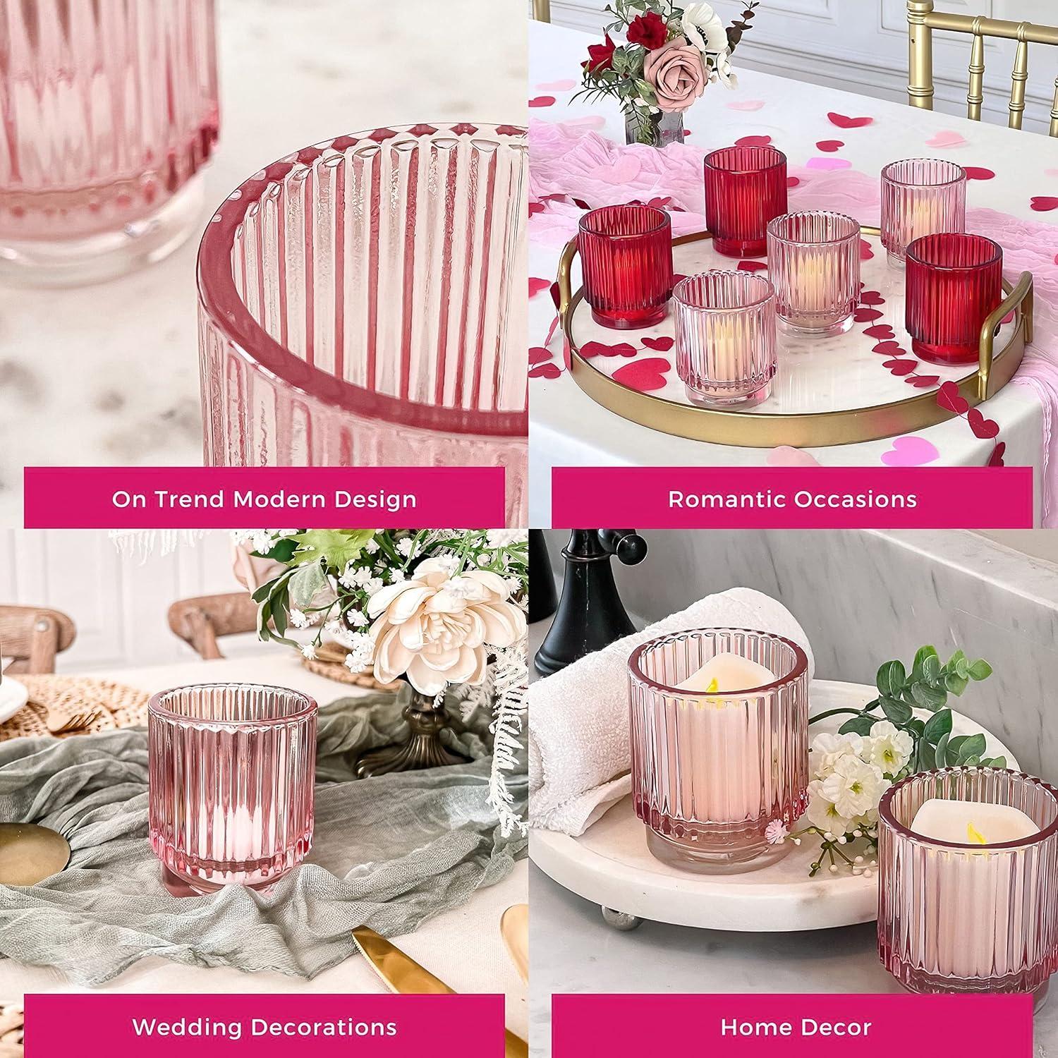 imageKate Aspen Vintage Glass Tealight ampamp Amber Votive Candle Holders Set of 6  Rustic Fluted Candle Holder Set Boho Home Decor Wedding Table Centerpieces Farmhouse Kitchen Table DecorPink