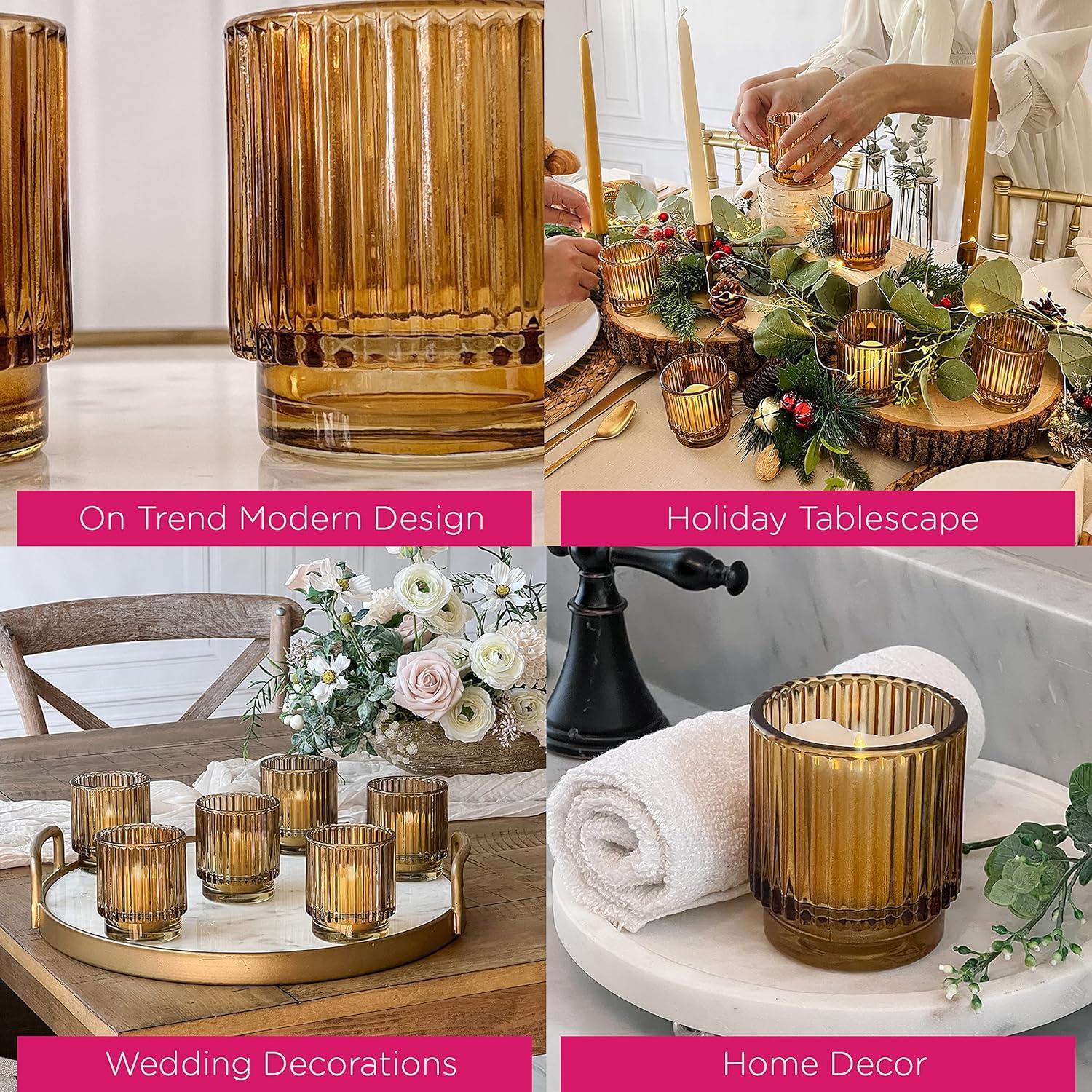 imageKate Aspen Vintage Glass Tealight ampamp Amber Votive Candle Holders Set of 6  Rustic Fluted Candle Holder Set Boho Home Decor Wedding Table Centerpieces Farmhouse Kitchen Table DecorAmber