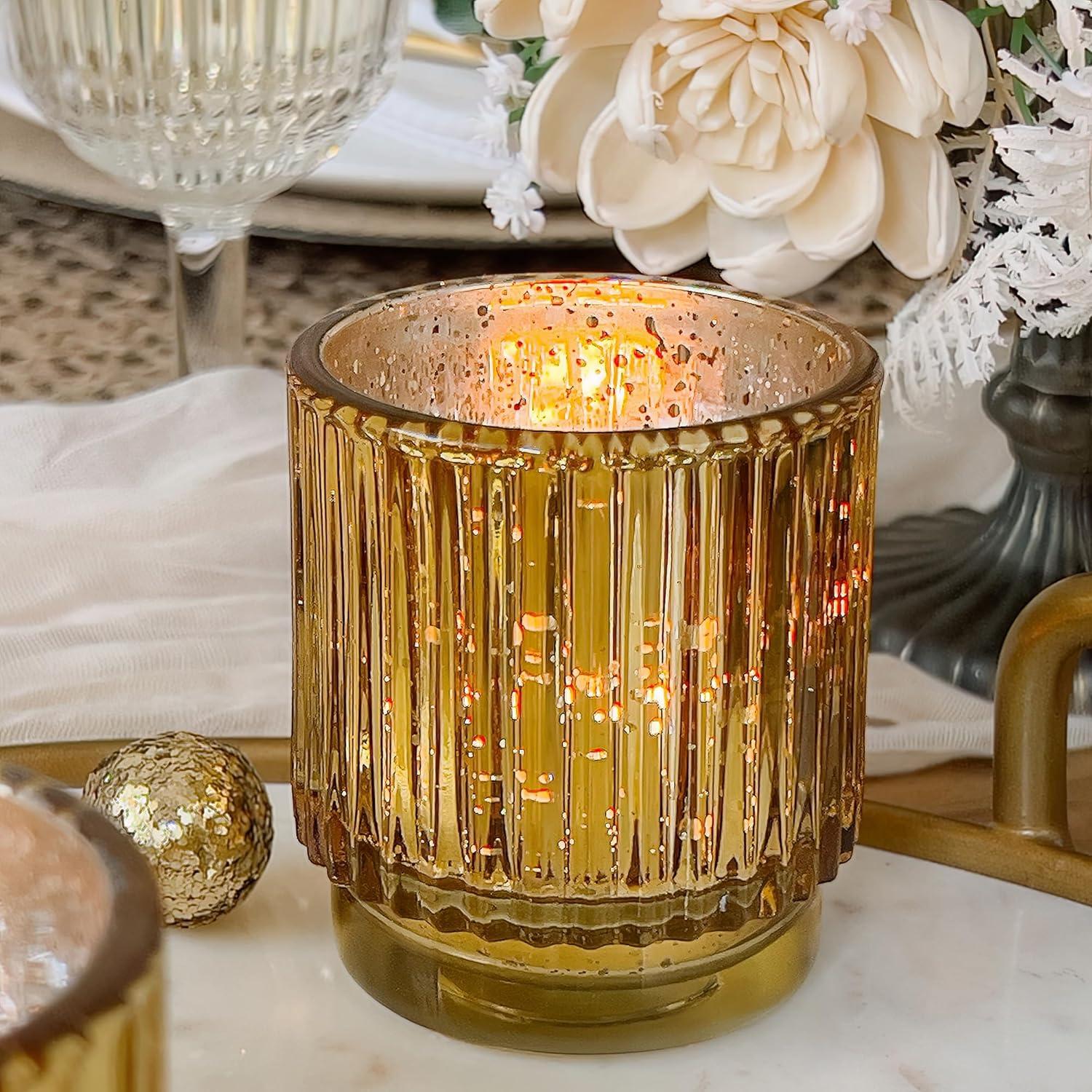 imageKate Aspen Vintage Glass Tealight ampamp Amber Votive Candle Holders Set of 6  Rustic Fluted Candle Holder Set Boho Home Decor Wedding Table Centerpieces Farmhouse Kitchen Table DecorGold