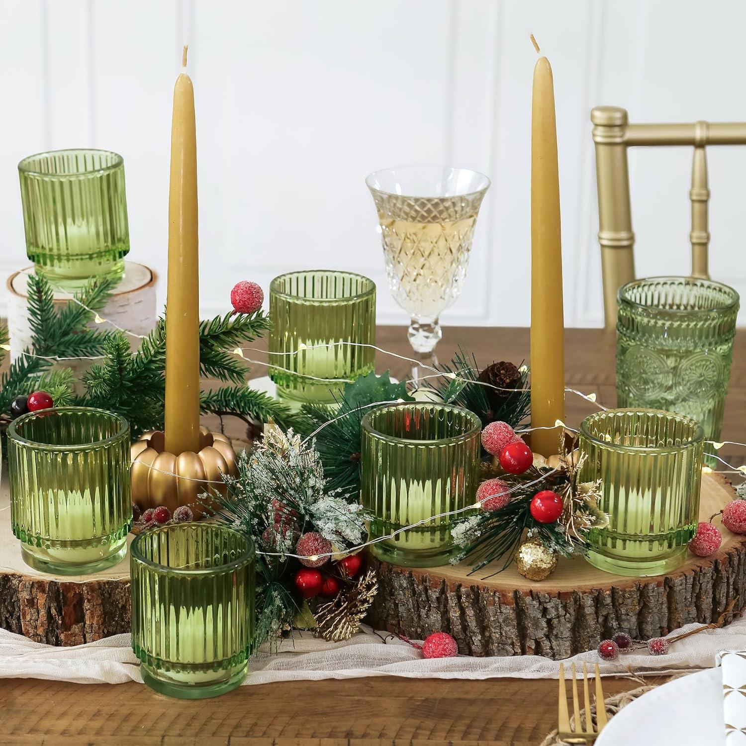 imageKate Aspen Vintage Glass Tealight ampamp Amber Votive Candle Holders Set of 6  Rustic Fluted Candle Holder Set Boho Home Decor Wedding Table Centerpieces Farmhouse Kitchen Table DecorGreen