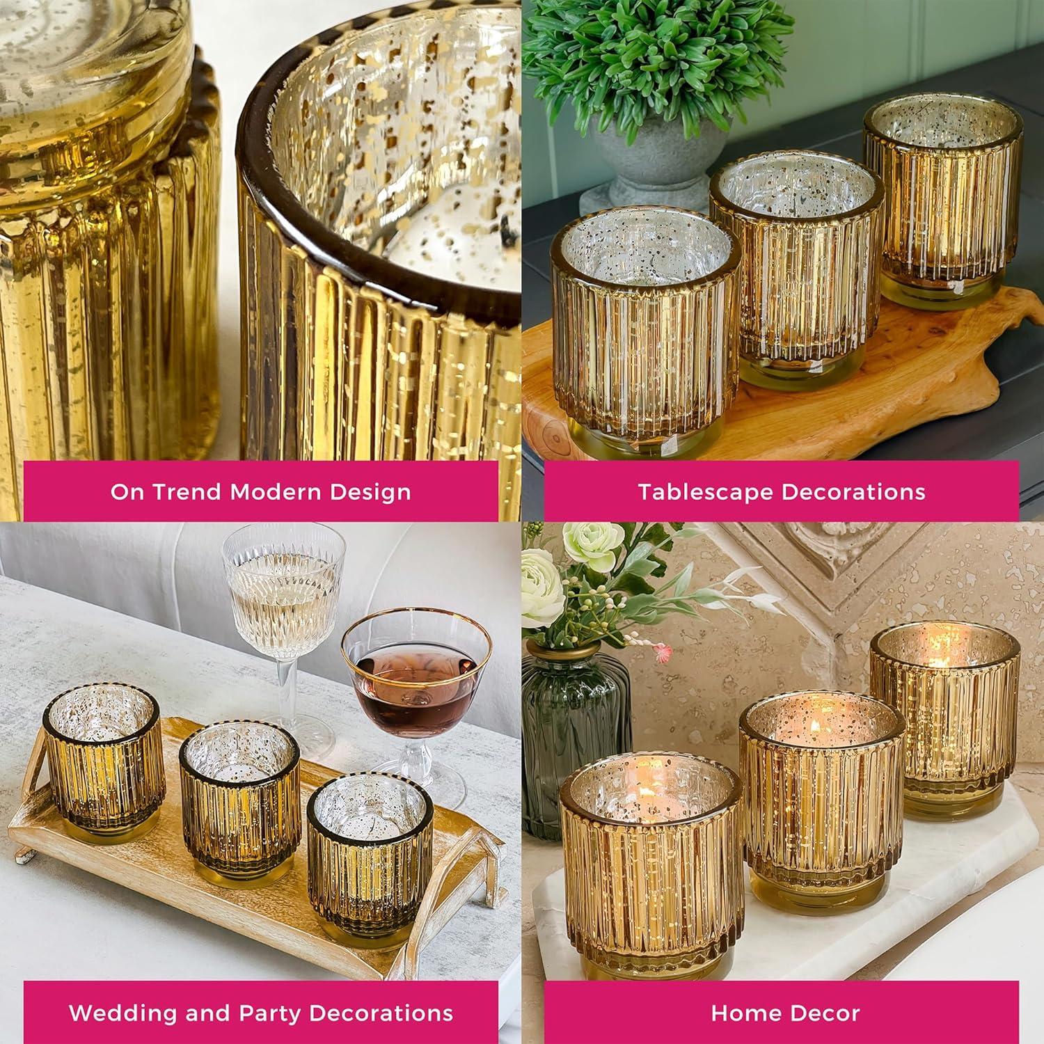 imageKate Aspen Vintage Glass Tealight ampamp Amber Votive Candle Holders Set of 6  Rustic Fluted Candle Holder Set Boho Home Decor Wedding Table Centerpieces Farmhouse Kitchen Table DecorGold