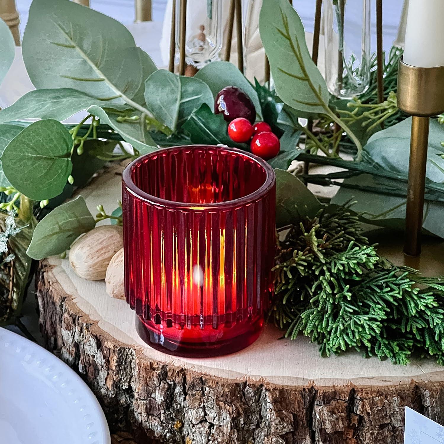 imageKate Aspen Vintage Glass Tealight ampamp Amber Votive Candle Holders Set of 6  Rustic Fluted Candle Holder Set Boho Home Decor Wedding Table Centerpieces Farmhouse Kitchen Table DecorRed