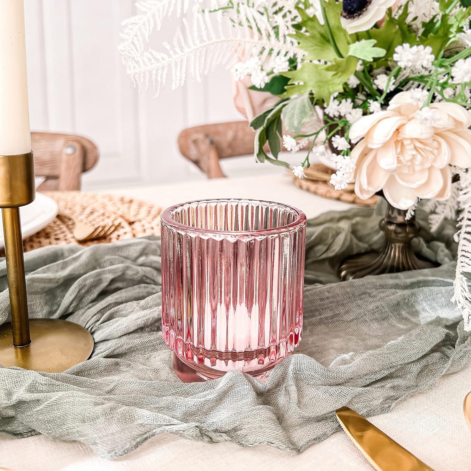 imageKate Aspen Vintage Glass Tealight ampamp Amber Votive Candle Holders Set of 6  Rustic Fluted Candle Holder Set Boho Home Decor Wedding Table Centerpieces Farmhouse Kitchen Table DecorPink