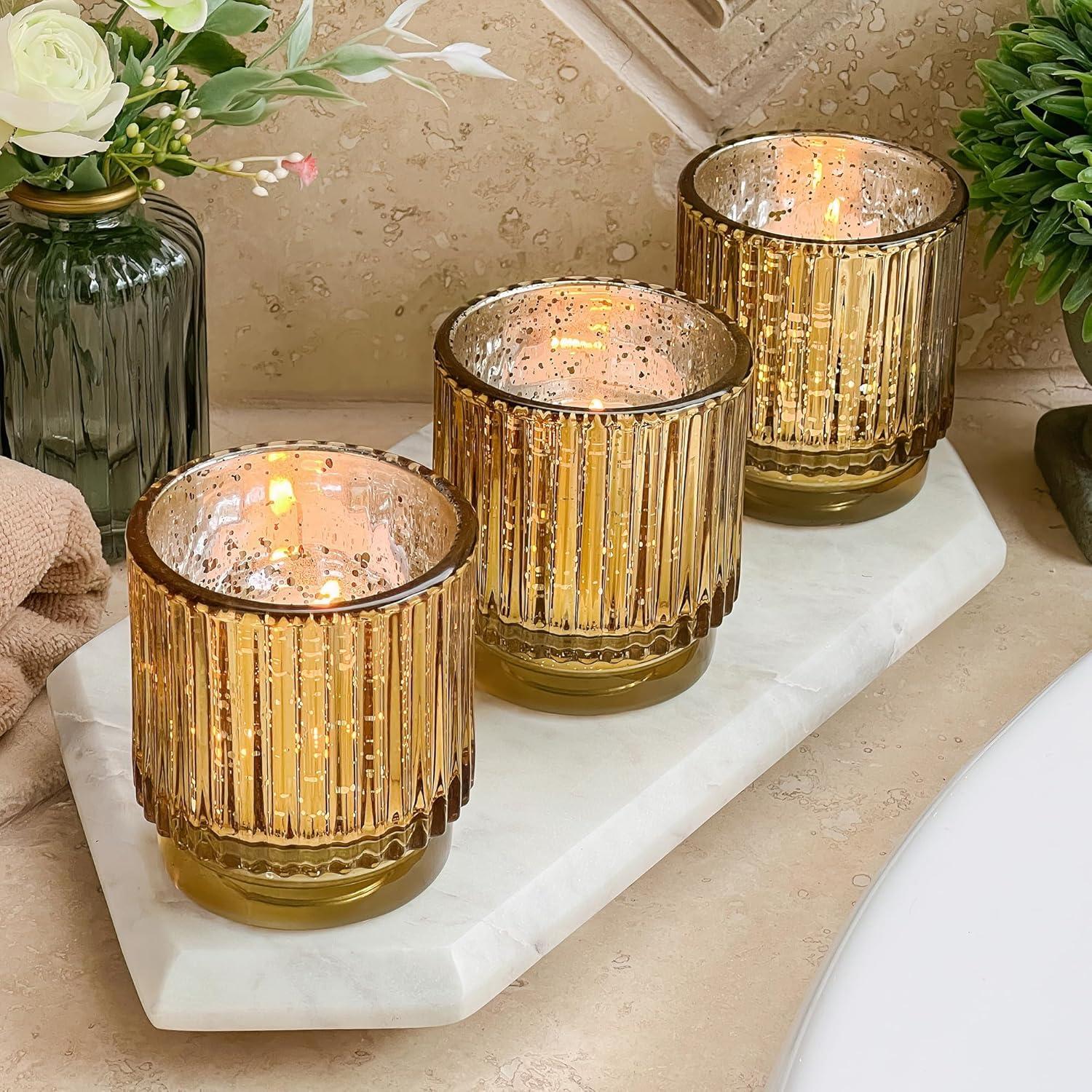 imageKate Aspen Vintage Glass Tealight ampamp Amber Votive Candle Holders Set of 6  Rustic Fluted Candle Holder Set Boho Home Decor Wedding Table Centerpieces Farmhouse Kitchen Table DecorGold