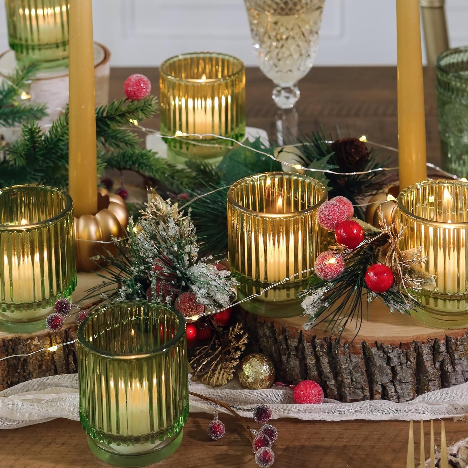 imageKate Aspen Vintage Glass Tealight ampamp Amber Votive Candle Holders Set of 6  Rustic Fluted Candle Holder Set Boho Home Decor Wedding Table Centerpieces Farmhouse Kitchen Table DecorGreen