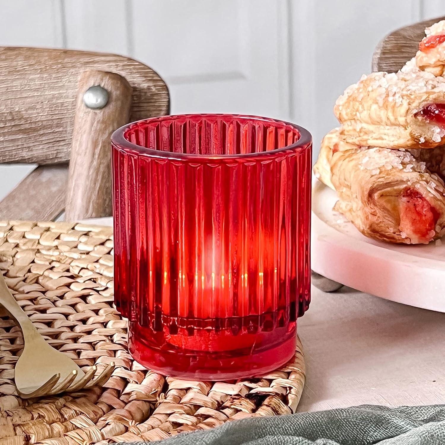 imageKate Aspen Vintage Glass Tealight ampamp Amber Votive Candle Holders Set of 6  Rustic Fluted Candle Holder Set Boho Home Decor Wedding Table Centerpieces Farmhouse Kitchen Table DecorRed