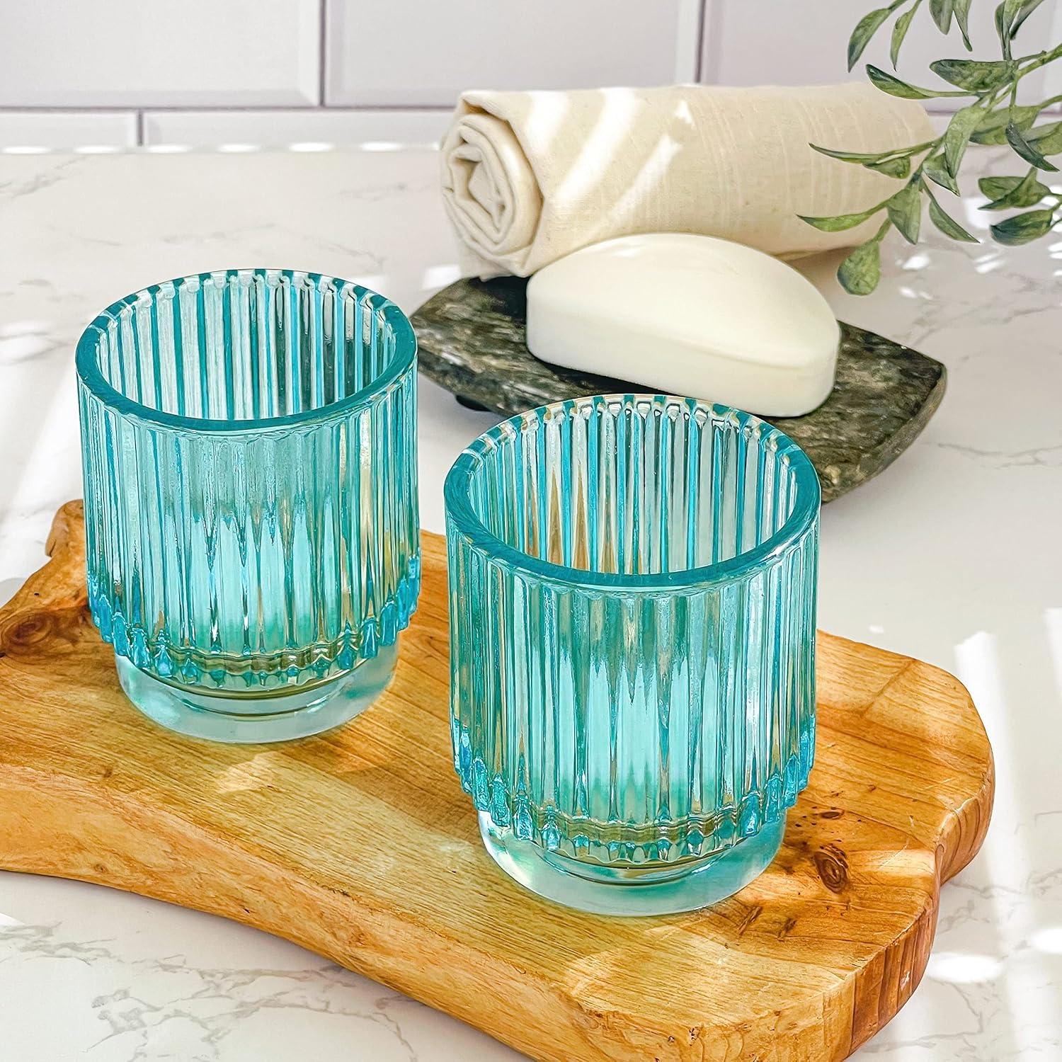 imageKate Aspen Vintage Glass Tealight ampamp Amber Votive Candle Holders Set of 6  Rustic Fluted Candle Holder Set Boho Home Decor Wedding Table Centerpieces Farmhouse Kitchen Table DecorBlue