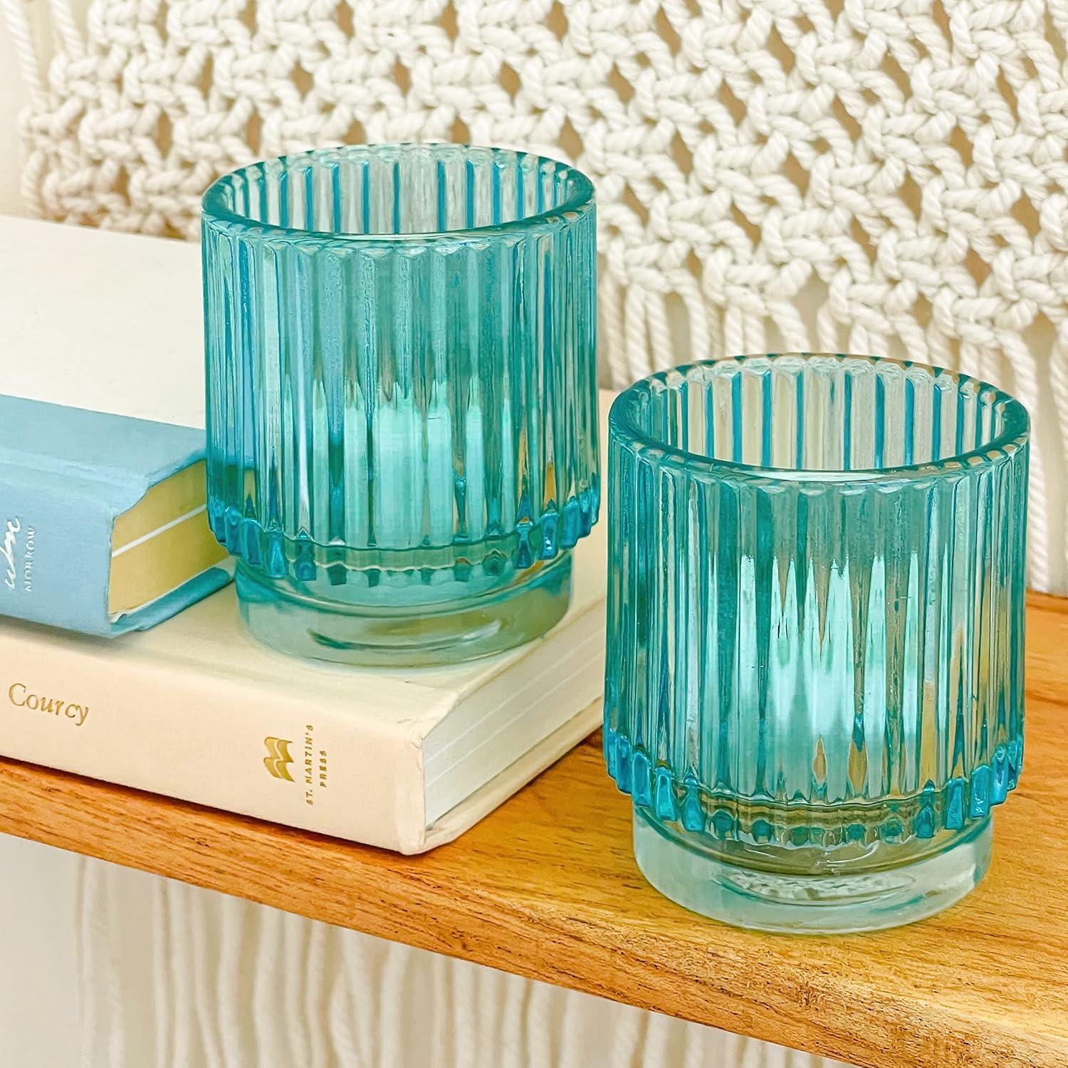 imageKate Aspen Vintage Glass Tealight ampamp Amber Votive Candle Holders Set of 6  Rustic Fluted Candle Holder Set Boho Home Decor Wedding Table Centerpieces Farmhouse Kitchen Table DecorBlue