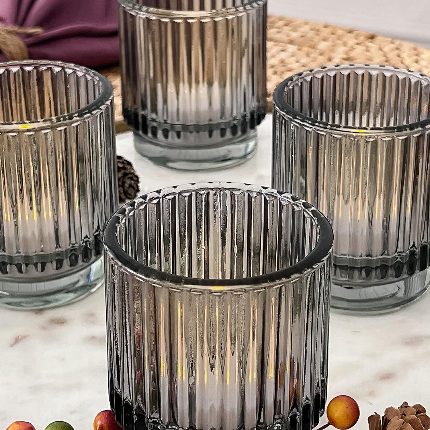 imageKate Aspen Vintage Glass Tealight ampamp Amber Votive Candle Holders Set of 6  Rustic Fluted Candle Holder Set Boho Home Decor Wedding Table Centerpieces Farmhouse Kitchen Table DecorSmoke Gray