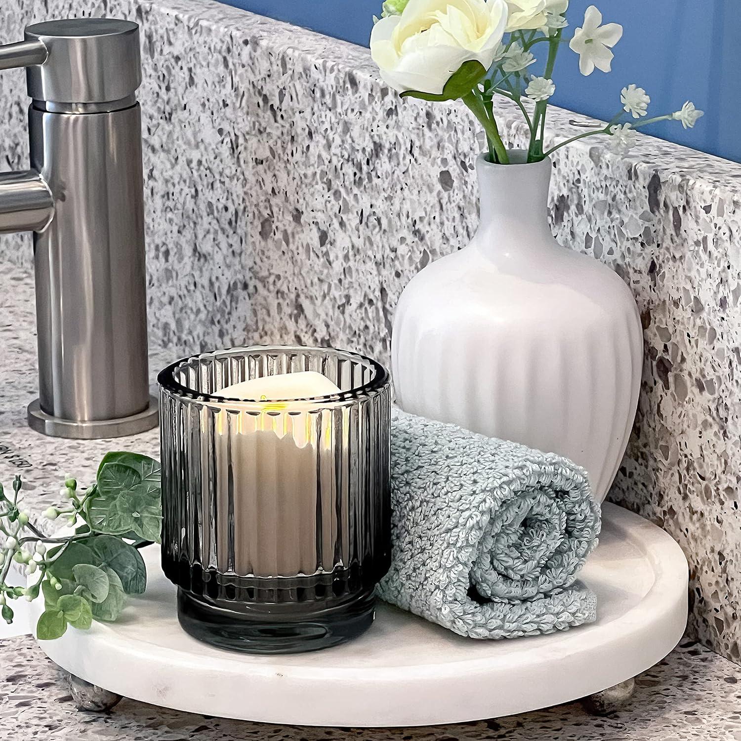 imageKate Aspen Vintage Glass Tealight ampamp Amber Votive Candle Holders Set of 6  Rustic Fluted Candle Holder Set Boho Home Decor Wedding Table Centerpieces Farmhouse Kitchen Table DecorSmoke Gray