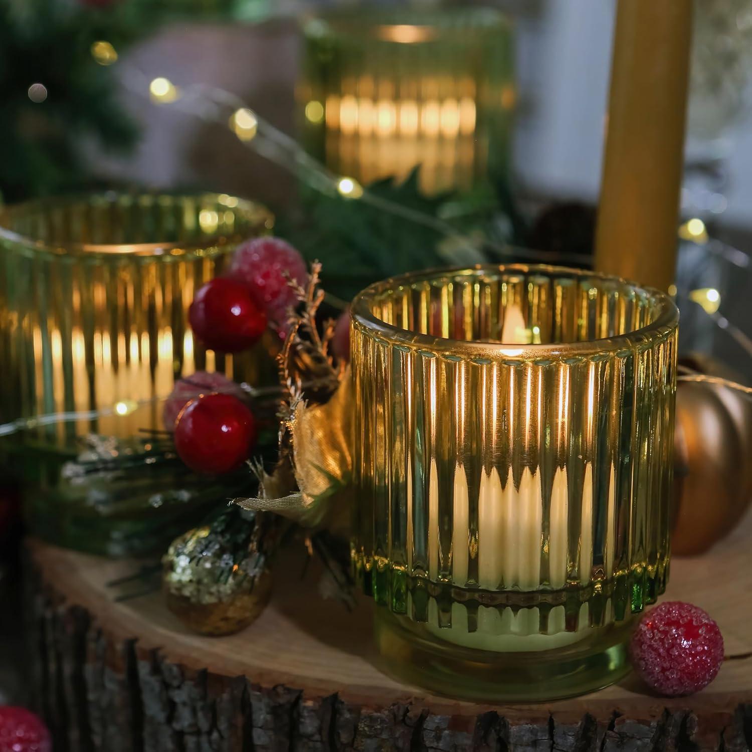 imageKate Aspen Vintage Glass Tealight ampamp Amber Votive Candle Holders Set of 6  Rustic Fluted Candle Holder Set Boho Home Decor Wedding Table Centerpieces Farmhouse Kitchen Table DecorGreen