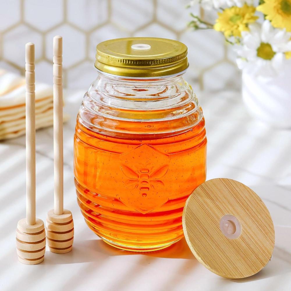 imageKate Aspen 24oz Bee Hive Shaped Honey Glass Mason Jar with Two Wooden Honey Dippers Bamboo ampamp Metal Lid Kitchen Decor Bumblebee Baby Shower Prize Take Home Gift Bee Decorations