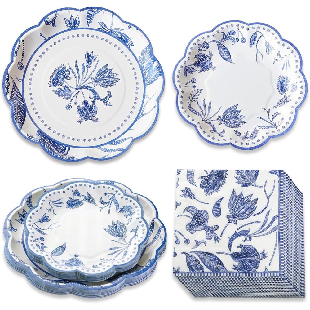 imageKate Aspen Burlap ampamp Lace Party Decorations  62 Piece Rustic Bridal Shower and Wedding Tableware Set for 16 Guests  Disposable Floral Paper Plates and Napkins Party SuppliesBlue Willow
