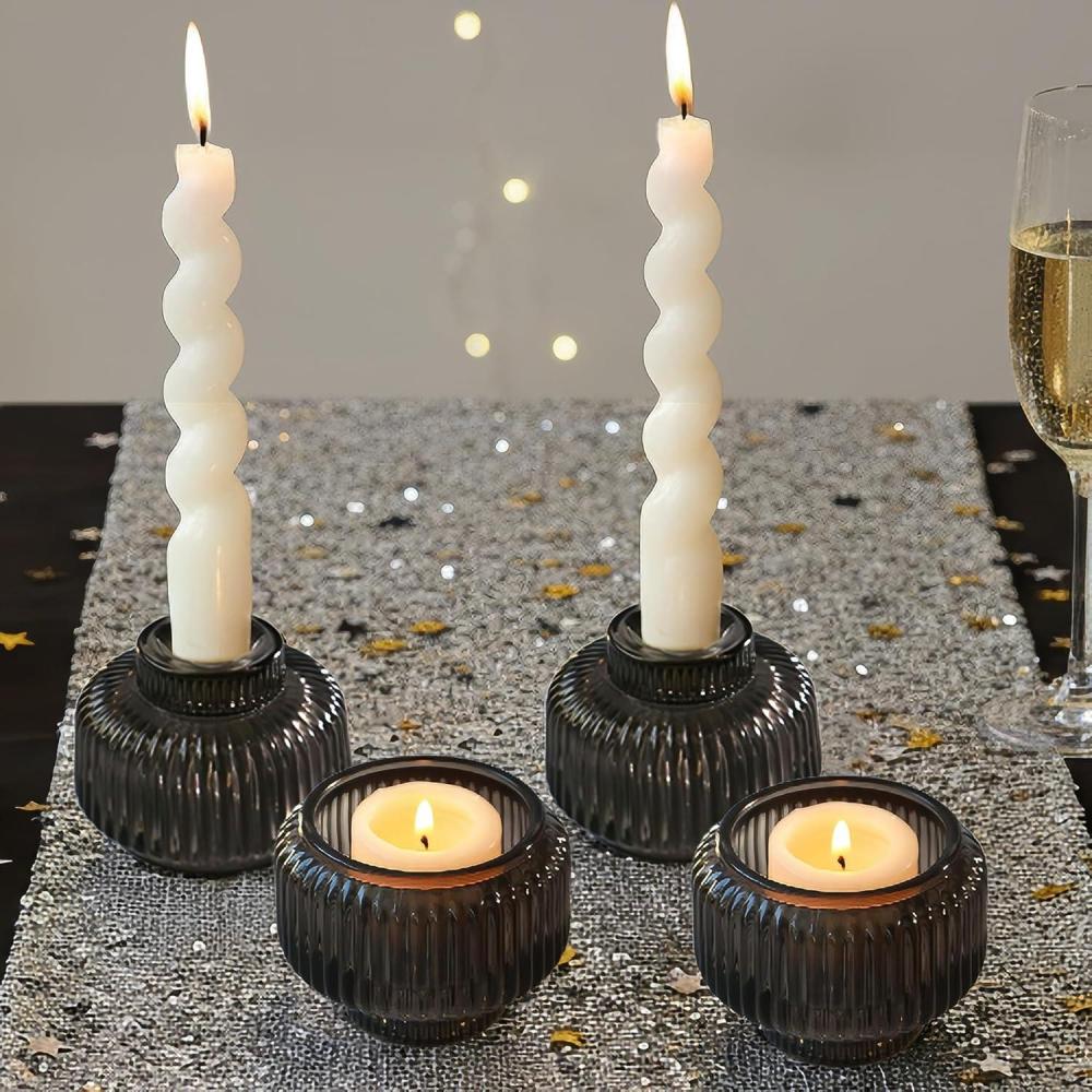 imageKate Aspen Dual Sided Vintage Ribbed Glass Clear Candlestick Holders Pillar Candle Reversible Tealight ampamp Votive Candle Holders Set of 6 3 Sizes Dining Table Decor Shelf Decor CenterpieceSmoke Grey
