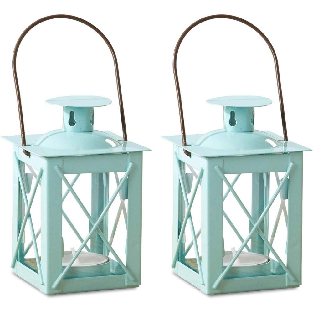 imageKate Aspen Rustic Shelf Decor Luminous Vintage Tea Light Votive Candle Holders Metal Mini Decorative Lantern Distressed WhiteLuminous Blue