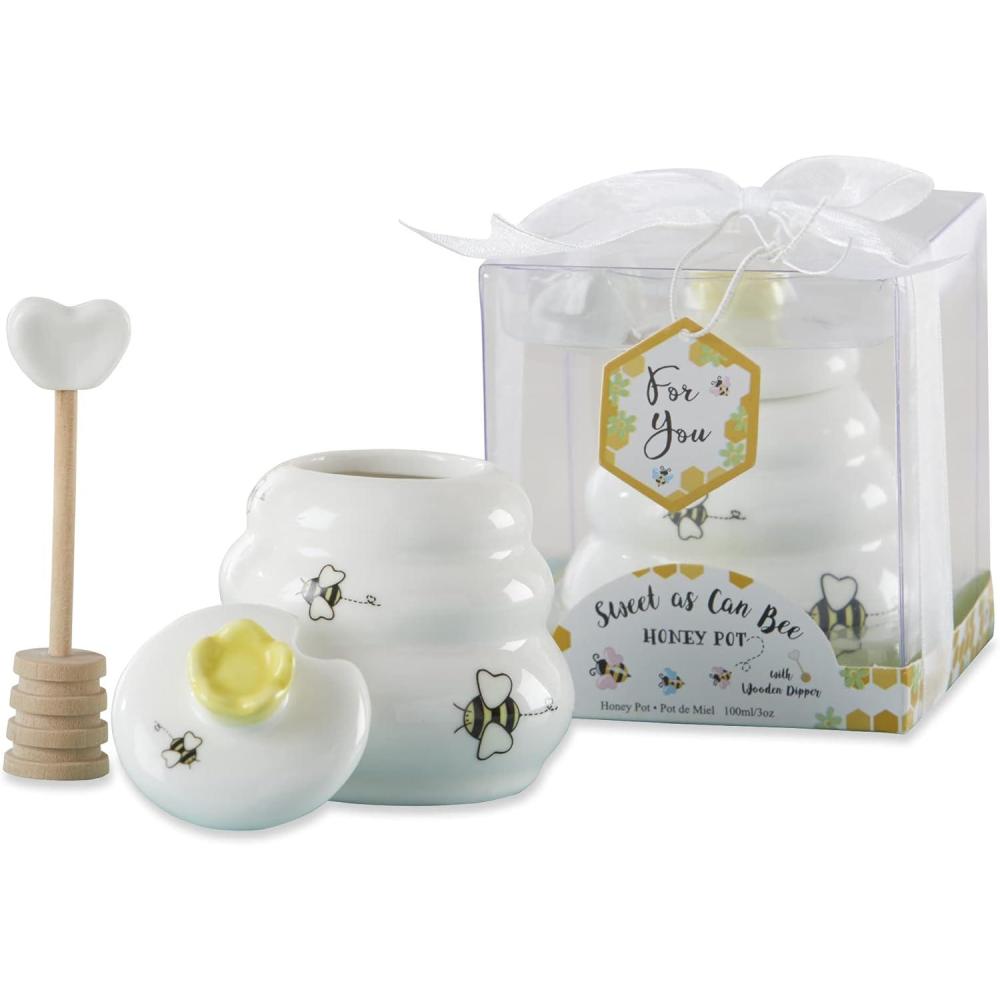 imageKate Aspen Sweet as Can Bee Ceramic Mini Honey Pot with Wooden Honey Dipper 34 oz Honey Jar Bee Decor WhiteYellow 23261WTSmall Honey Jar Favor