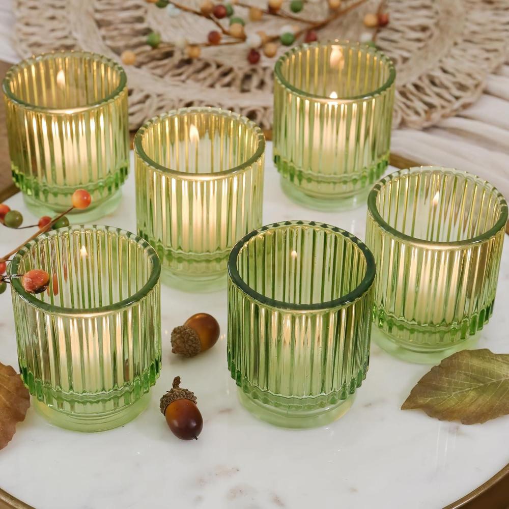 imageKate Aspen Vintage Glass Tealight ampamp Amber Votive Candle Holders Set of 6  Rustic Fluted Candle Holder Set Boho Home Decor Wedding Table Centerpieces Farmhouse Kitchen Table DecorGreen