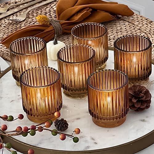 imageKate Aspen Vintage Glass Tealight ampamp Amber Votive Candle Holders Set of 6  Rustic Fluted Candle Holder Set Boho Home Decor Wedding Table Centerpieces Farmhouse Kitchen Table DecorAmber