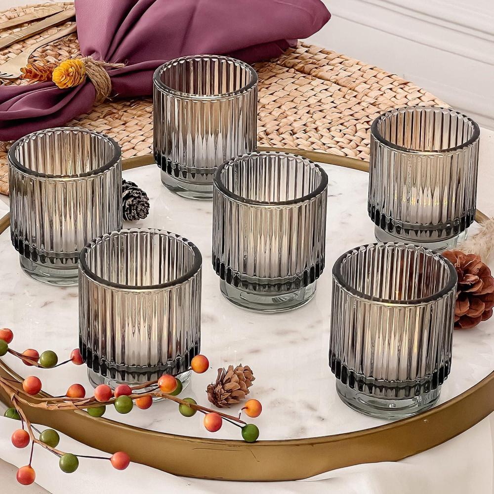 imageKate Aspen Vintage Glass Tealight ampamp Amber Votive Candle Holders Set of 6  Rustic Fluted Candle Holder Set Boho Home Decor Wedding Table Centerpieces Farmhouse Kitchen Table DecorSmoke Gray
