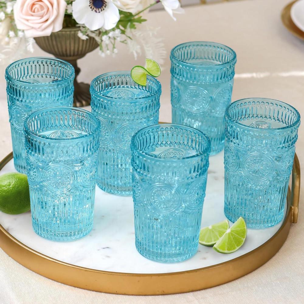 imageVintage Textured Rose Gold Striped Drinking Glasses Set of 6 13 oz Ribbed Glassware Set  Cocktail Set Ice Tea Glasses Juice Glass Water CupsAqua Blue