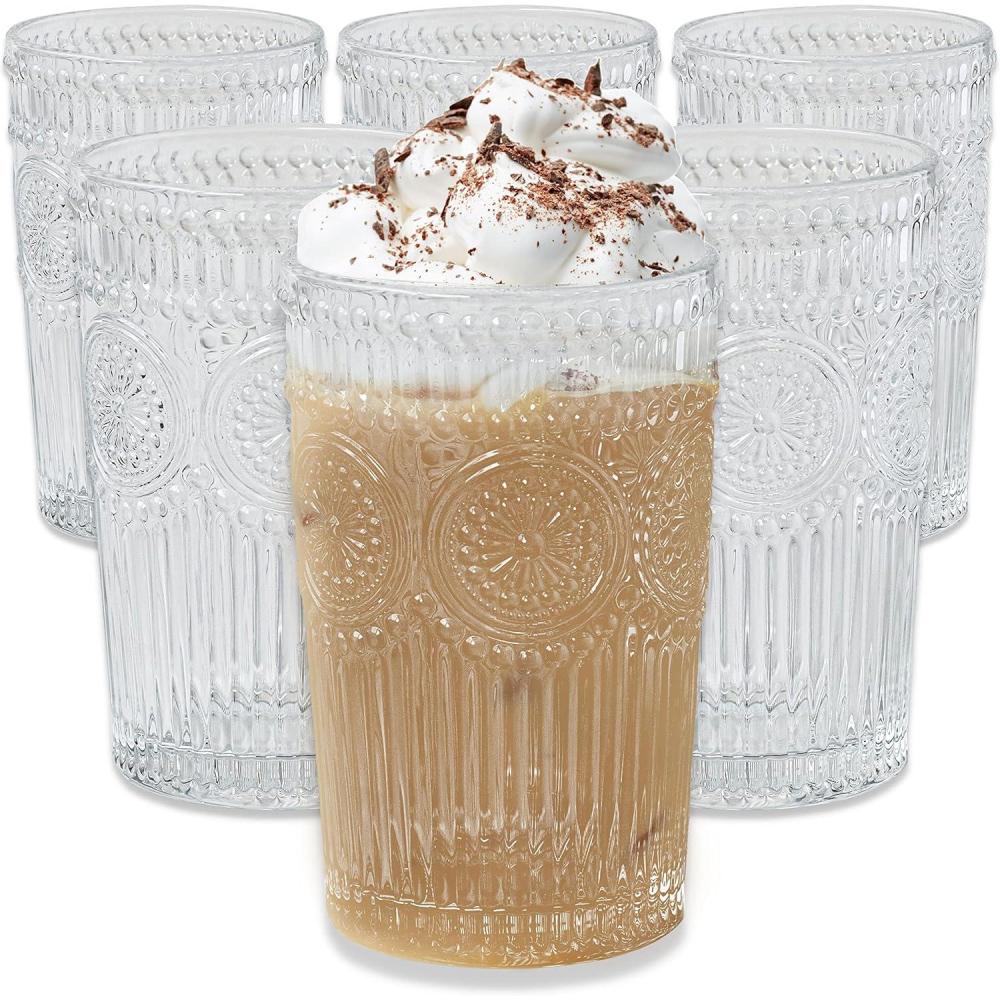 imageVintage Textured Rose Gold Striped Drinking Glasses Set of 6 13 oz Ribbed Glassware Set  Cocktail Set Ice Tea Glasses Juice Glass Water CupsClear