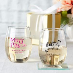 Kate Aspen 15 oz. Personalized Stemless Wine Glass – 36pcs/Black – Custom Wedding Favors and Bridal Shower Party Favors with Customized Designs Text Lines(White)