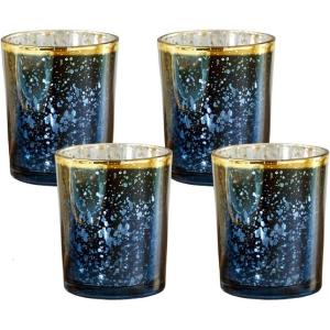 Kate Aspen 20191NA Mercury Glass Tea Light Holder (Set of 4), Deep Blue/Gold