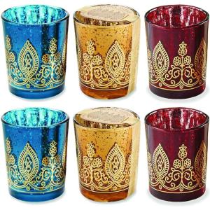 Kate Aspen 20205NA Tealight Henna Glass Votive Candle Holders, Indian Wedding Decorations and Party Favors (Set of 6), Assorted(Indian Jewel 6 Piece)