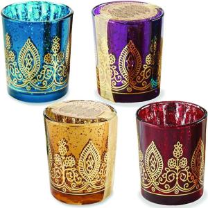 Kate Aspen 20205NA Tealight Henna Glass Votive Candle Holders, Indian Wedding Decorations and Party Favors (Set of 6), Assorted(Indian Jewel)