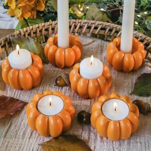 Kate Aspen 2-in-1 Gold Pumpkin Candle Holder Set – Fall Taper, Tealight & Votive Candle Holders – Thanksgiving Table Decor, Pumpkin Centerpieces, Halloween Candlestick Holder (Set of 6)(Orange)