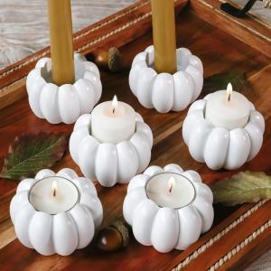 Kate Aspen 2-in-1 Gold Pumpkin Candle Holder Set – Fall Taper, Tealight & Votive Candle Holders – Thanksgiving Table Decor, Pumpkin Centerpieces, Halloween Candlestick Holder (Set of 6)(White)