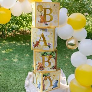 Kate Aspen A Little Honey Is On The Way Winnie Baby Boxes with Letters for Baby Shower, Classic Bear Gender Reveal Decorations, Table Centerpiece, Set of 4 Stackable Boxes(Honey Bear)