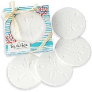 Kate Aspen Absorbent Sand Dollar Drink Coasters Set of 4– Coastal Decor, Nautical Home Decorations, Housewarming Gift, & Beach Themed Coasters for Drinks(White)