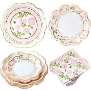 Kate Aspen Burlap & Lace Party Decorations – 62 Piece Rustic Bridal Shower and Wedding Tableware Set for 16 Guests – Disposable Floral Paper Plates and Napkins Party Supplies(Pink Floral)
